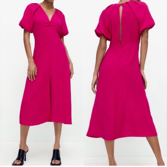 ZARA Balloon Sleeve Midi Dress in Fuchsia - Picture 6 of 7